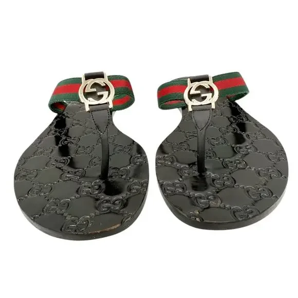 Gucci Interlocking GG Thong Sandal Black Leather Flat Flip Flop Slide EU 39 US 9 - Picture 6 of 14
